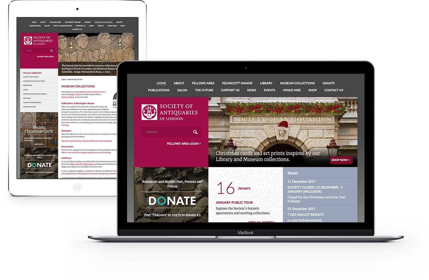 Image showing digital transformation of Society of Antiquaries' responsive website across tablet and laptop