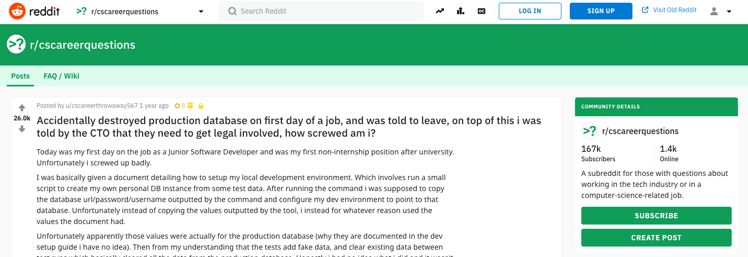 Image from the Reddit forums explaining how a graduate developer was fired for making an error on their first day, used as an example at the Infinity Works Leeds event